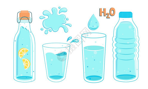 回收装满柠檬和玻璃喷洒倒水的瓶装柠檬和玻璃喷洒倒水加文本为健康而吸引可爱的病媒H2O光源在瓶子和杯中多加水插图节省图片