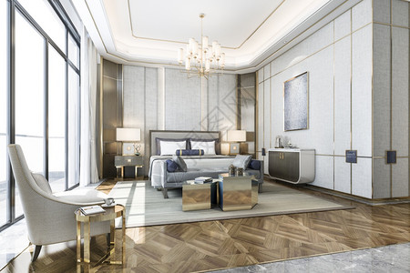 内部的3d提供美丽的经典豪华卧室套房在酒店与电视室内的活图片