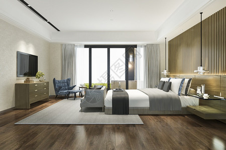 卧室灯3d提供美丽的豪华卧室套房在酒店与电视书室内的公寓背景