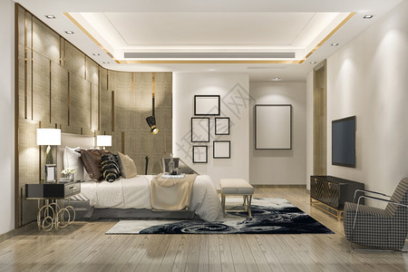 3d提供美丽的豪华卧室套房在酒店与电视扶手椅室内的房间图片