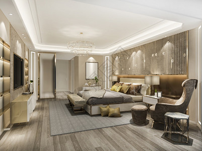 室内的自在3d提供美丽的豪华卧室套房在酒店与电视渲染图片