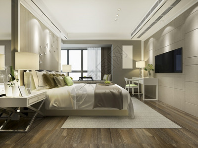渲染3d提供美丽的豪华卧室套房在酒店与电视现代的窗户图片