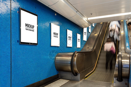 白色的飞机场空位于地下大厅或铁的空白广告牌用于模拟概念低光速门窗图片