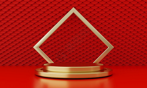 圆圈金的新年红现代风格一个讲台产品展示配有金环框架日语风格背景欢乐节传统文化概念3D插图HIV图片
