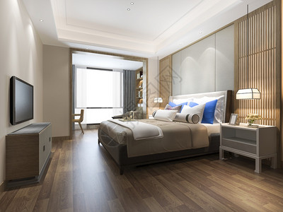 奢华灯3d在酒店提供豪华蓝色现代卧室套房内的图片