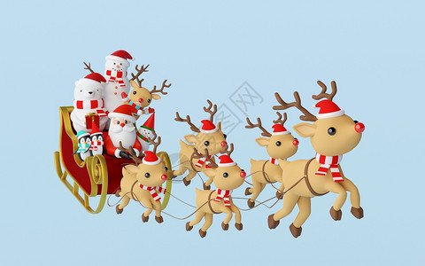 圣诞快乐和新年圣诞老人和朋友坐在雪橇上被驯鹿拉着的展示喜庆红色图片