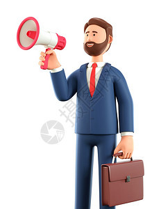 3D插图漫画胡须男子用公文箱在扬声器上宣布以白色背景孤立的商业广告概念ContromBusinessPancial公告嗡声渲染图片