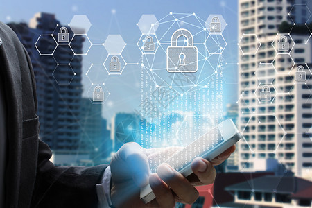 有保障的商人使用有锁技术背景的智能手机网络安全数据保护商业技术隐私概念b企业使用智能手机加密虚拟的图片