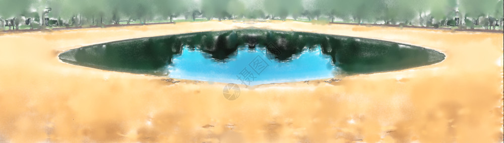 调色板夏季末绿黄沙滩环状的湖和黄沙滩之间的圆圈温暖水彩图片