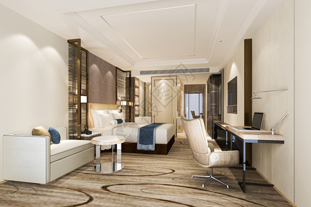 墙奢华自在3d提供美丽的豪华卧室套房酒店有电视和工作桌图片