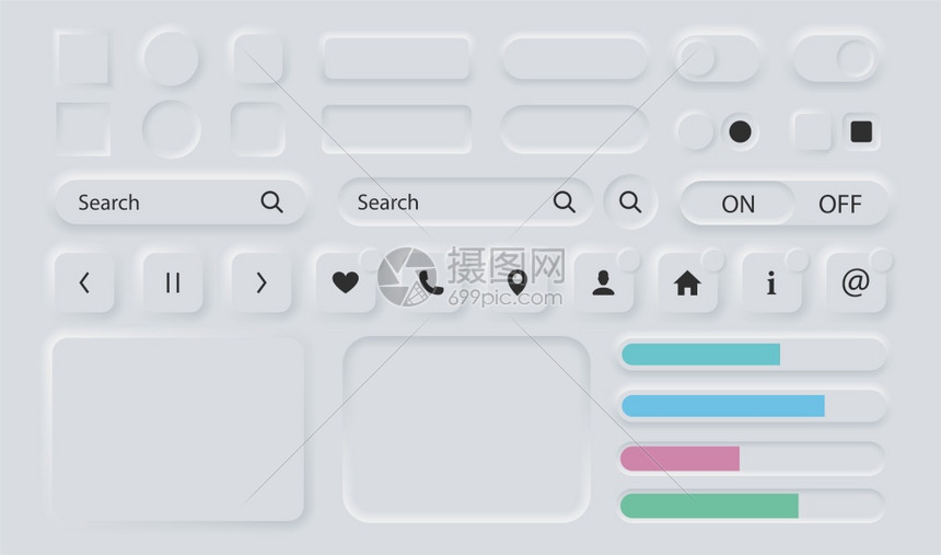 桂用户界面元素新形态设计风格的白色按钮带有阴影3d按钮集合用于应程序中的ui导航新形态时尚设计元素在背景上隔离矢量插图用户界面元图片