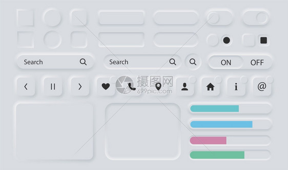 桂用户界面元素新形态设计风格的白色按钮带有阴影3d按钮集合用于应程序中的ui导航新形态时尚设计元素在背景上隔离矢量插图用户界面元图片