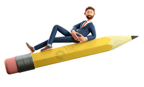 办公室3D插图笑的创意人躺在一根大铅笔上在空中飞翔卡通胡须商人在巨笔上创造新想法孤立在白色背景上新的空气图片