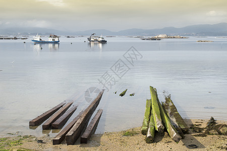 航海的西班牙RiasBaixasGalicia号渔船和贝壳床木林海滩图片