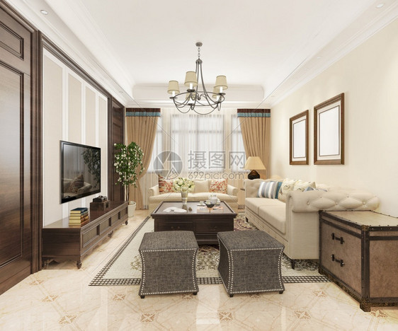 酒店窗帘最小的3D提供豪华和经典客厅美国古代风格图片