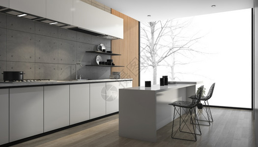 用餐美丽的3d提供白色现代厨房窗户旁边有木地板配饰图片