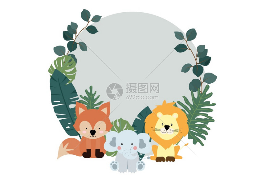 绿色收集的野猎背景套件配有斑马里昂象长等色相可识别的矢量插图用于生日邀请挂卡和贴纸大象可编辑森林婴儿图片