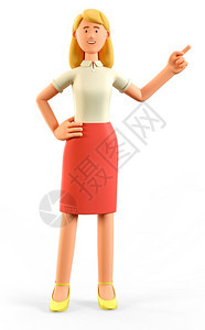 成功3D插图站立的漂亮金发美女对着方向指画像在白色背景上被孤立的红裙子上挂着美丽优雅有吸引力的女商人漫画短裙卡通片图片