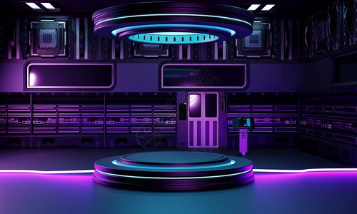 黑暗的空间飞船内部实验室建筑和用于网络博中心产品展示的空讲台技术与Scifi概念3D插图演示文展技术和Scifi概念墙纸为了图片