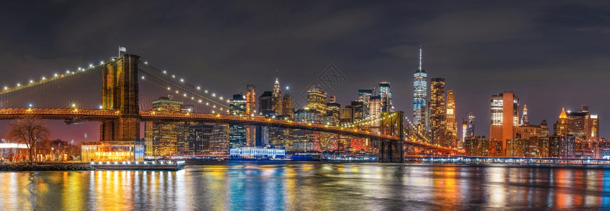 大都会哈德逊纽约市风景全和布鲁克林大桥BrookrooklynBridge在东河边的黄昏时间美国市区天线建筑和与旅游概念造图片