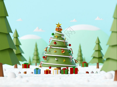 快乐的圣诞和新年装饰圣诞树的风景在森林中的雪地上赠送礼物3D卡片派对图片