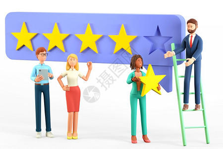 3D客户服务概念的三维插图以多文化人物为客户服务概念提供5个明星反馈具有高质量满意度正面评级和审查率的可爱漫画客户评论公司的支持图片