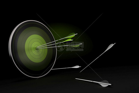 赢竞争的者绿色目标在黑背景上三支箭射向他们的目标白箭射在地板上但未能达到其客观机会而白色箭射在地面上没有达到其客观机会图片