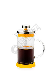 咖啡机铬合金用具咖啡和茶的半全玻璃法国杯面白底隔离在色背景上图片