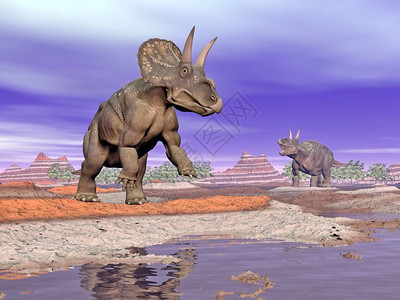 古老的生物学池塘两种台式天顶恐龙与相邻在多彩的岩石地貌中由云密的白日形成自然界的三维变形恐龙图片
