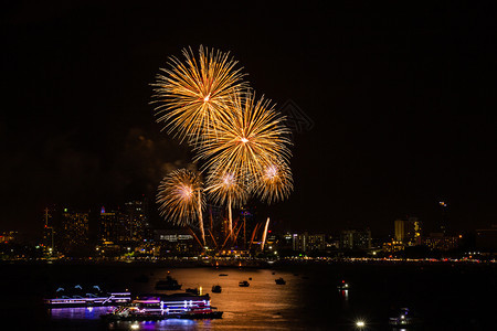 白色的丰富多彩海夜间城市观赏庆祝节日背景的烟花色彩多图片