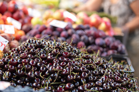 健康真正的青菜在传统农民市场销售的新鲜樱桃和其他水果有针对地以近视为特选重点图片