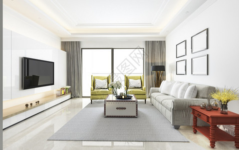建筑学柔软的3d提供古董客厅和红桌黄色沙发室内的图片