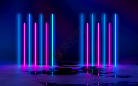 光束横幅3D空暗房间的蓝色和紫亮立方管灯光显示器粉色的图片