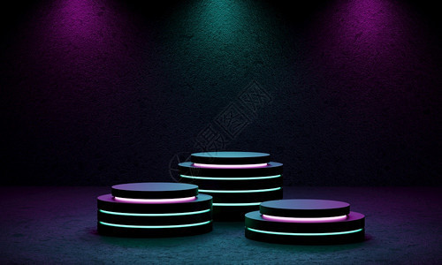 派对黑暗的渲染Cyberpunk产品讲台平演播室配有蓝色和紫聚光灯闪风格的文本背景三阶段回溯和未来场景概念3D插图图片