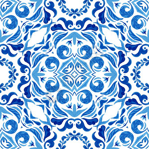 塔拉韦织物蓝手和白抽象绘制瓷砖无缝装饰水彩色涂画图案带有交叉符号的图案带有交叉符号艺术图片