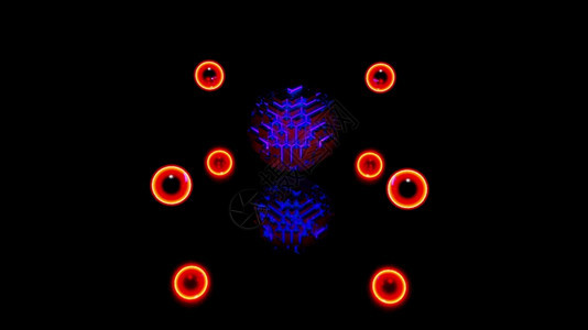 赛博朋克3d显示4KUHD圆形亮光球的抽象背景以蓝色和橙荧光灯照亮3d球插图发光的数字化图片