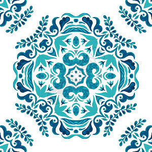 巴洛克式蓝手和白抽象绘制瓷砖无缝装饰水彩漆画图案Azulejo瓷砖设计风格简写手绘制无缝装饰水颜色形态织物纯洁装饰水色彩阿拉伯油图片