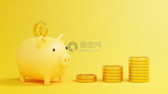 节省钱储蓄概念把一枚硬币放进猪银行装满一堆金币预算融的图片