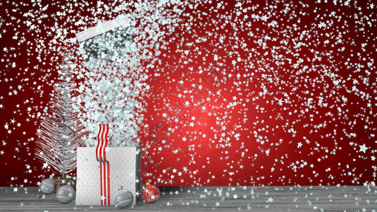 白色礼品盒的正面图红色丝带在大量白星内爆炸盒盖飞出子位于红色背景的灰木地板上有一棵白色圣诞树和装饰球3D插图白色礼品盒红丝带在大图片