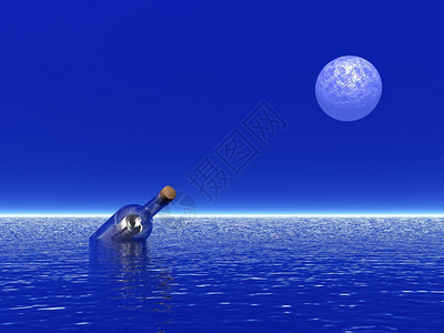 海月亮波纹漂浮的被动在月光下漂浮海洋的透明瓶子中滚动设计图片