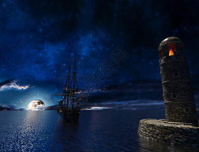 海滨插图火焰旧灯塔附近的海盗帆船月光下着火3d渲染老灯塔附近的海盗帆船月光下着火图片