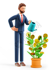 男人们3D可爱笑的男子在打水钱树上浇的例子Cartoon留胡子的商人持水罐和用金币照顾一个美元工厂的商业投资金融增长概念能够图片