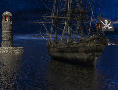 繁星点火焰靠近旧灯塔附的海盗帆船月光下着火3d渲染老灯塔附近的海盗帆船月光下着火图片