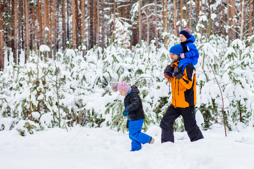 男生冬天父亲带着年幼的孩子在树林里散步雪地橇和球中的冬季活动母亲他的图片