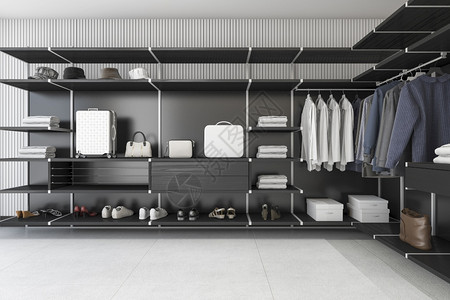 3d提供现代阁楼黑衣衬衫和服在柜中行走活的制作空图片