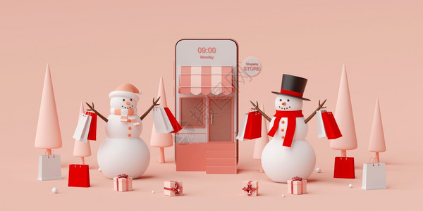 商业的Snowman在网上以移动应用程序购买物袋3d上写着Snowman的圣诞节网站设计广告横幅市场渲染图片