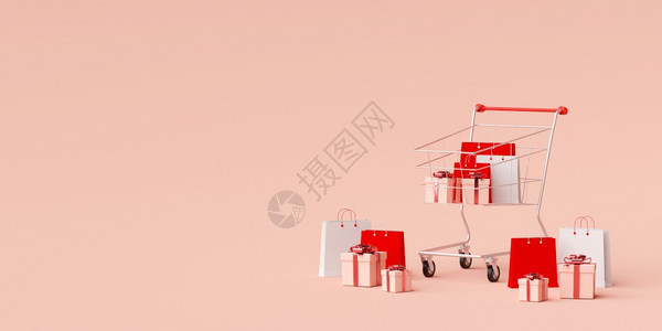 鞋卡片网站设计购物袋和礼品的广告横幅背景以及粉红色背景的3D投影工具与购物车商业图片