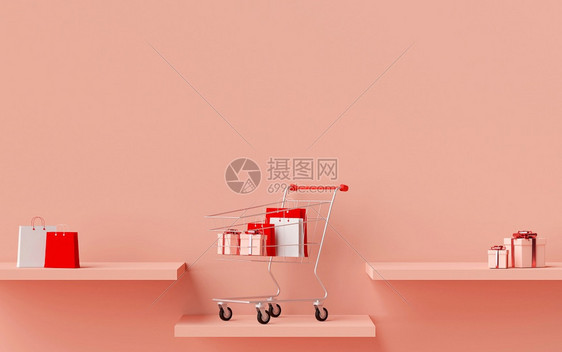 网站设计购物袋和礼品的广告横幅背景以及粉红色背景的3D投影工具与购物车插图鞋礼图片