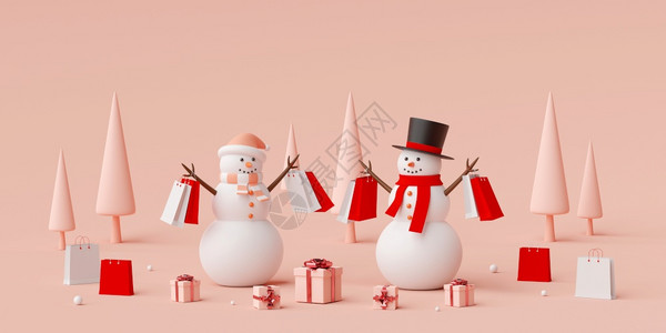 价格雪人拿着装圣诞礼物的购袋3D投影在圣誕广告标语上张贴网站设计广告横幅技术服务图片