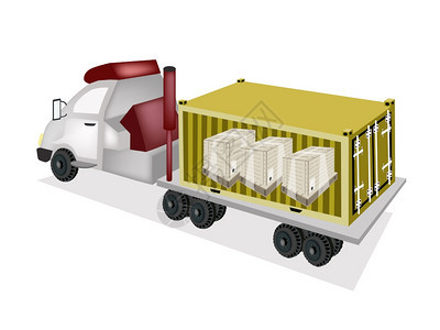 一种黄集装箱卡车在平板或电动龙筒的后背上加塑料粉碎包装的黄集箱木制卡车或货箱保护正在加载土地图片